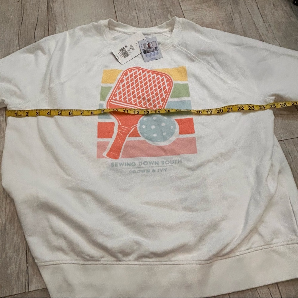 crown & ivy White Graphic Pickleball Sweatshirt with Coral, Teal & Yellow Print - Picture 10 of 13